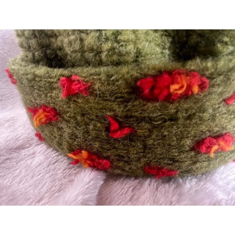 Pillbox Hat Green Wool Felt Munki Munki Kids M Floral Textured USA